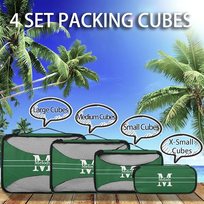 Custom Name Compression Packing Cubes Luggage Organizer Bags for Travel, Forest Green with Initial Letter Double Zipper Packing Cubes for Suitcases for Men Boys