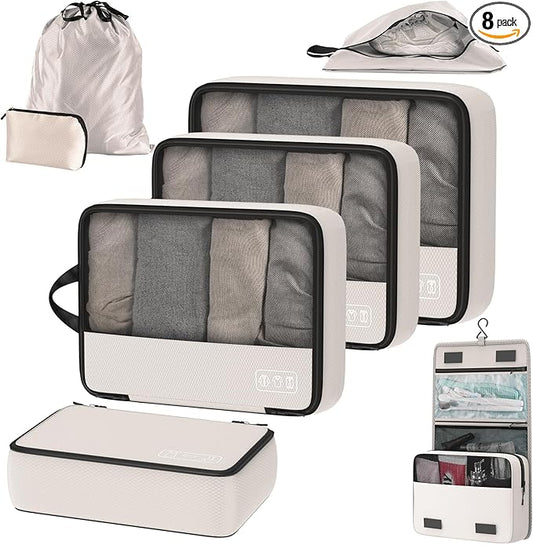 8-Piece Compression Packing Cubes for Travel, Ultralight Minimalist Luggage Organizer Set, Space Saving Design with Toiletries and Laundry Bag for Carry-On, Suitcase & Organized Travel - Beige
