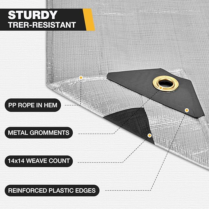 Tarp 12x20 Feet 14 Mil Heavy Duty Waterproof Tarp, Silver Poly Outdoor Tarp for Equipment, Firewood, Vehicles & Temporary Shelter, Reinforced Grommets, All-Weather Rain Wind Protection