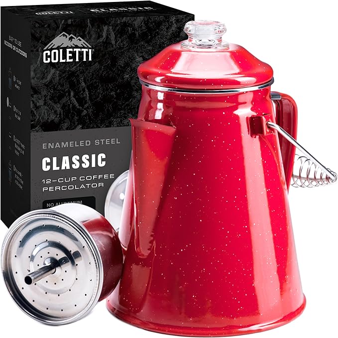 COLETTI Classic Percolator Coffee Pot — Camping Coffee Percolator, Campfire Coffee Pot – Camping Pot for Groups — Brew for the Whole Campsite (Red, 12 Cup)