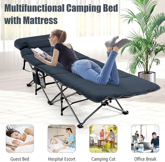 Goplus Camping Cot, Folding Camping Cot with Mattress, Pillow, Carry Bag, Storage Pocket, Camping Bed Military Cot for Home Office Nap Hiking, Heavy-Duty Portable Sleeping Cot for Adults Kids (Blue)