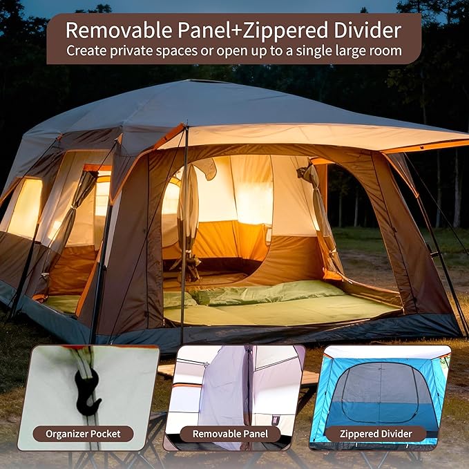 Large Family Standing Upright Camping Tent - 5-12 Persons Multi-Room Waterproof Tent with Screened Porch - Glamping Tent for Outdoor Camping & Family Vacation