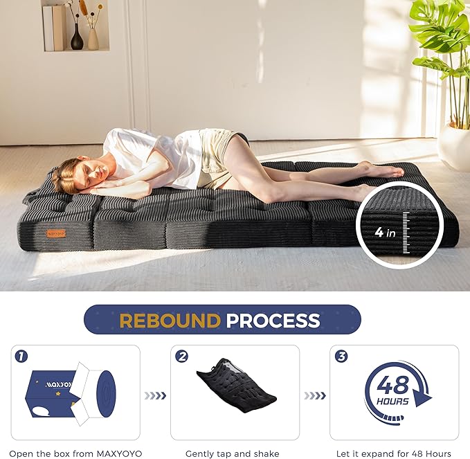 MAXYOYO Folding Mattress, 4 Inch Tufted Foldable Mattress Full Foam Bed, Tri-Fold Floor Couch with Handles Guest Bed Topper Portable Camping Mat with Corded Fabric, Twin Size, Black