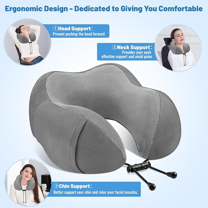 CloudBliss Travel Pillow Premium Memory Foam, Comfortable & Supportive Neck Pillow, Neck Pillows for Sleeping Travel, Airplane Pillow for Sleeping Airplane, Car, Office and Home（Black & Dark Grey）