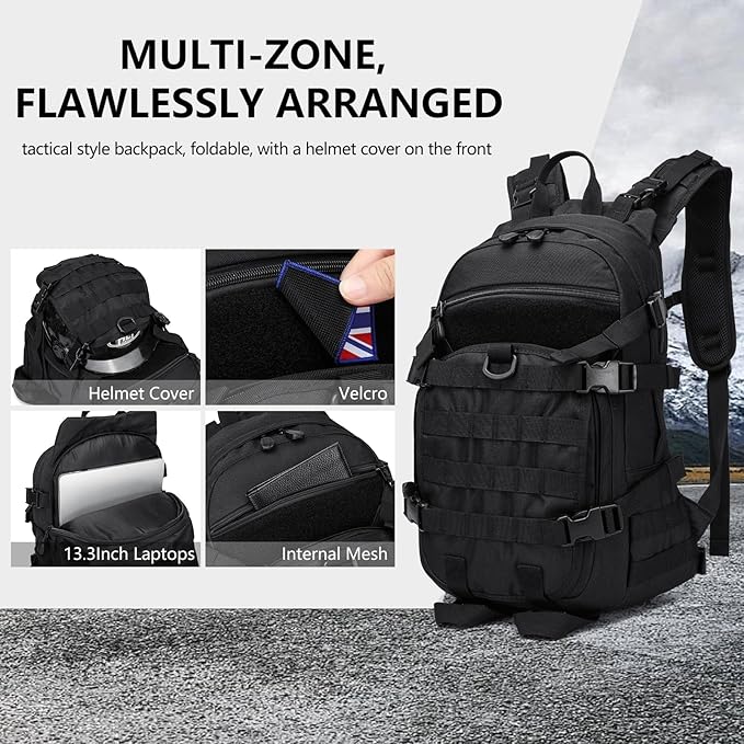 25L Small Tactical Backpack For Men, Military Waterproof Backpack With Multiple Pockets, 3-Day Bug Out Bag Molle Backpacks For Camping Hiking Military Traveling (Black)