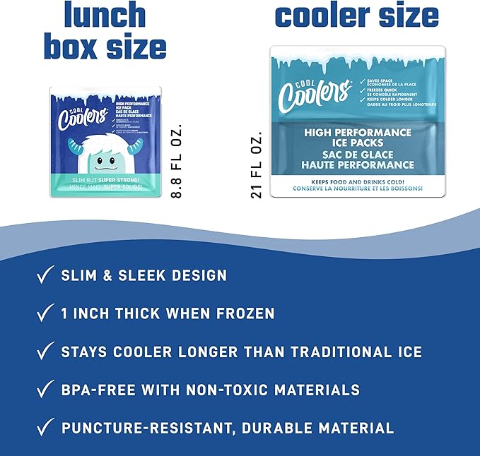 Cool Coolers by Fit & Fresh High Performance Kids Lunch Box Ice Packs, Puncture Resistant Ice Packs for Lunch Bags and Cooler, Durable and Reusable, Non-Toxic Gel Ice Packs, 4PK