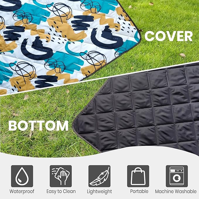 Waterproof Outdoor Blanket, 79" x 55" Large Packable Picnic Blankets, Foldable Picnic Mat for Park, Lawn, Grass, Beach, Concert (Blue Painting)