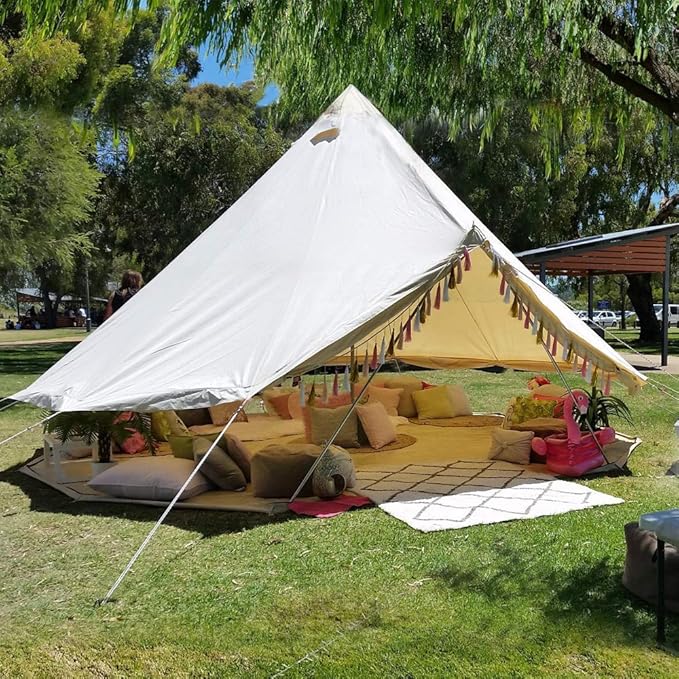 UNISTRENGH 4 Season Large Waterproof Cotton Canvas Bell Tent Beige Glamping Tent with Roof Stove Jack Hole for Camping Hiking Christmas Party