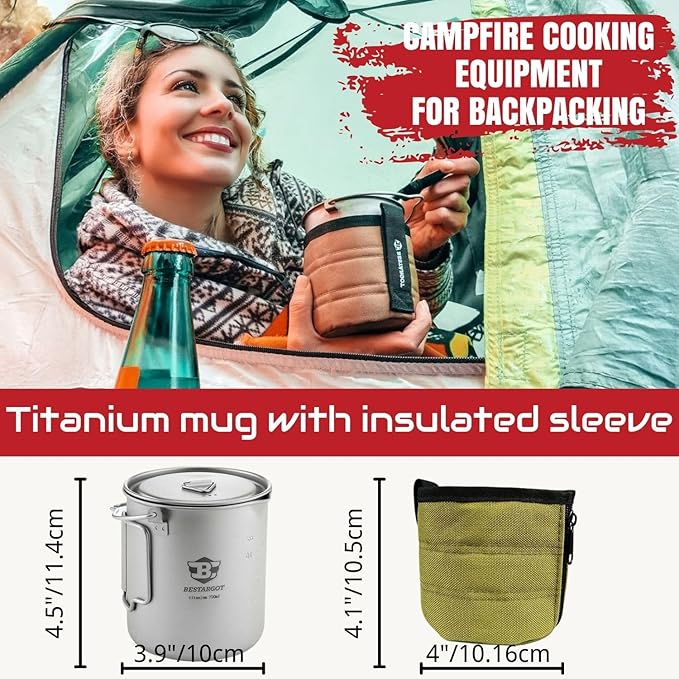 Bestargot Camping Titanium Pot, 750ml Outdoor Cup with Insulation Cup Carrier, Titanium Camping Drinkware, 132g Lightweight and Large Capacity (750 titanium)