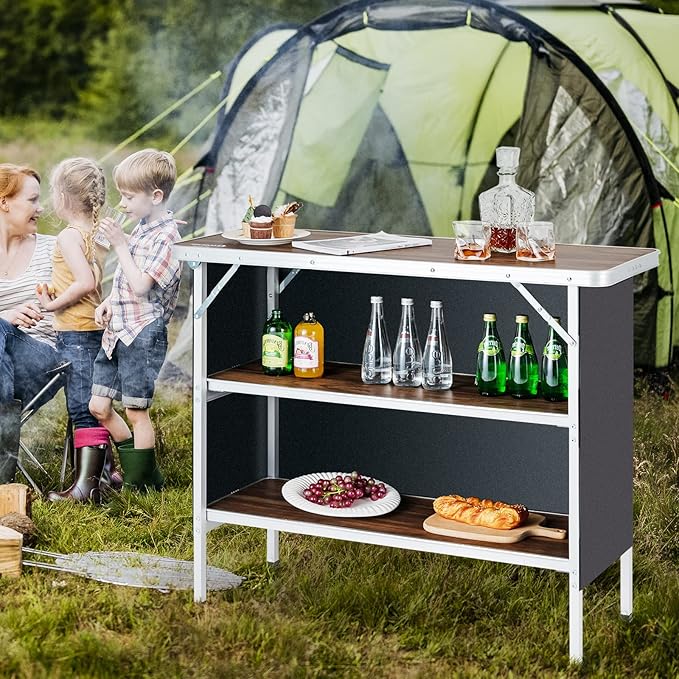 HAPPYGRILL Folding Camping Table with Storage, Aluminum Picnic Table with 2-Tier Shelves, Large Tabletop, Carry Bag, Removable Cloth Cover, Outdoor Lightweight Dining Camp Table for Picnic BBQ Party