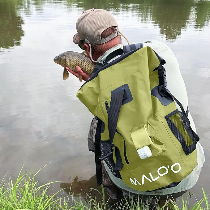 Malo’o DryPack 30L Waterproof Backpack, Roll-Top Dry Bag Backpack with Padded Straps, Floating Design for Beach, Kayaking, Fishing, Boating, Travel, and Water Sports, Dark Green