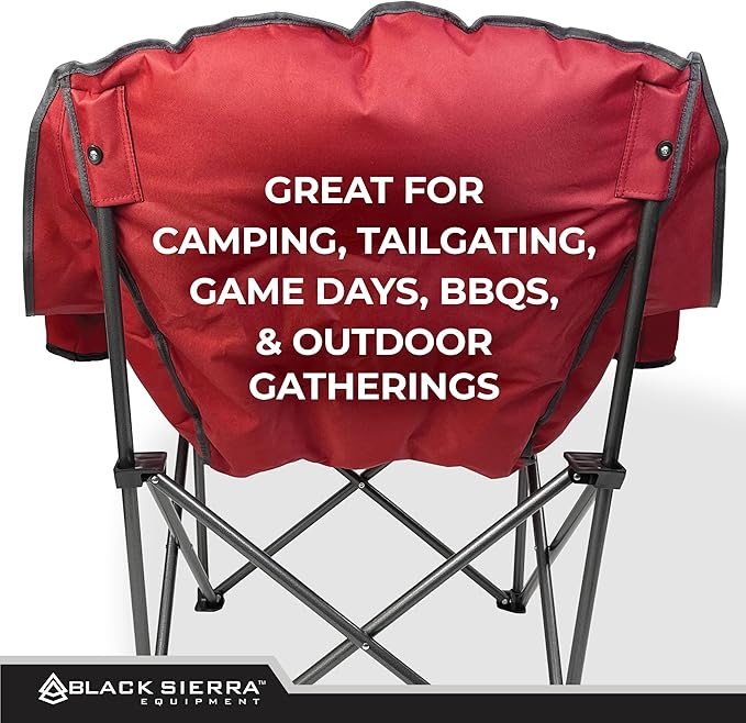 Black Sierra Plush XL Camping Chair for Adults, Oversized Outdoor Folding Chair Supports 400 lbs, Heavy Duty Padded Seat with Cup Holders and Carry Bag, Perfect for Tailgating, Sports, or Patio Use