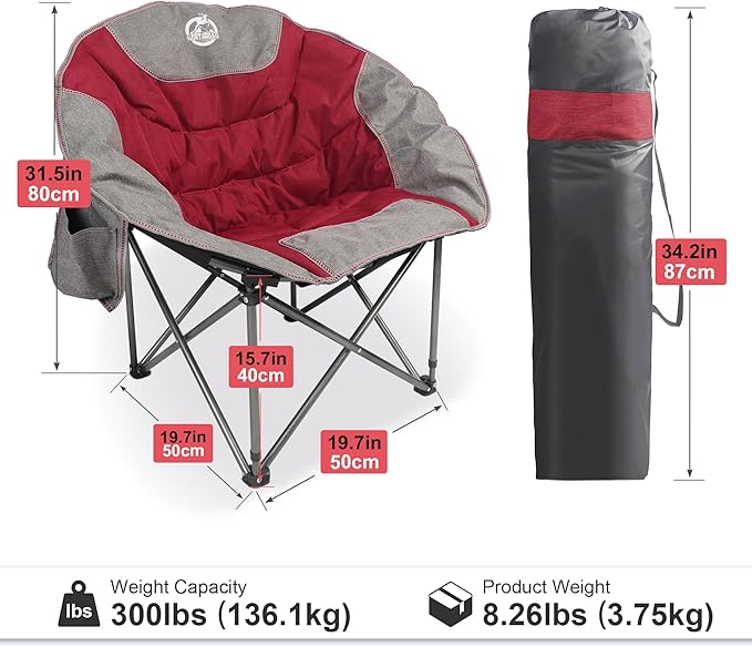 Northroad Folding Compact Camping Moon Chair, Outdoor Padded Saucer Round Chair w/Cup Holder Supports up to 300 lbs for Beach Hiking Fishing Picnic Lawn,Red