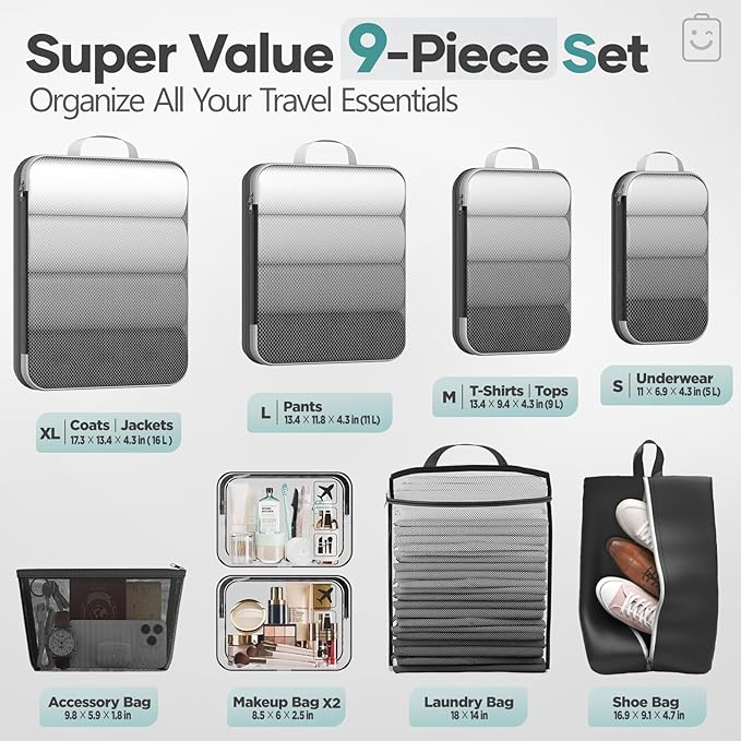 Veken 9/11 Set Compression Packing Cubes for Travel Essentials,Compressible Expandable Large Luggage Suitcase Organizer Bags for Clothing,Durable Space Saver Storage Bags with Toiletry Bags(Black)