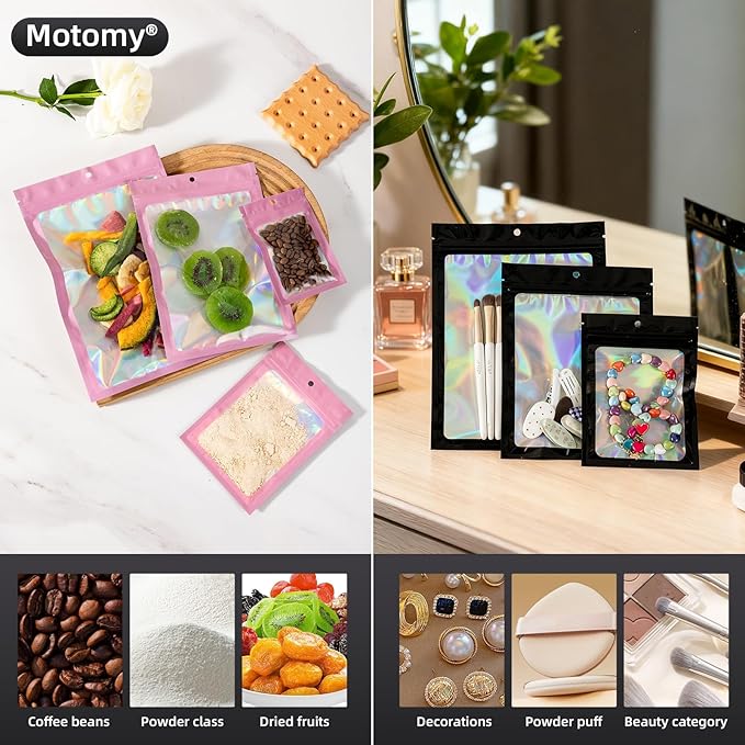 50Pcs Black Holographic Mylar Bags, 5.5x7.8 inch Resealable Foil Zipper Pouches for Gummies, Party Favors, Small Business Packaging