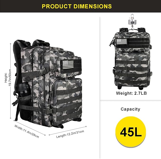 Zavothy 45L Military Tactical Backpack, Army 3-Day Assault Pack Bug Out Bag for Hiking Camping | Army, Bag, Large Rucksack, with Molle System