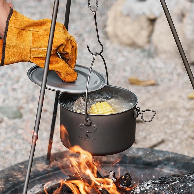 Boundless Voyage Titanium Hanging Pot for Outdoor Camping Backpacking Hiking Ultralight Portable Cooking Pot Camp Kitchen Cookware 1300ML/1950ML/2900ML