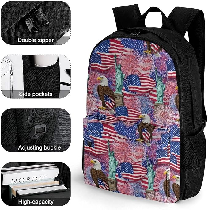 Adults Lightweight Statue Of Liberty America Flag Eagle Shoulder Book Bags Big Capacity Shoulder Bag With Adjustable Shoulder Straps for Trekking Work Walking Cycling