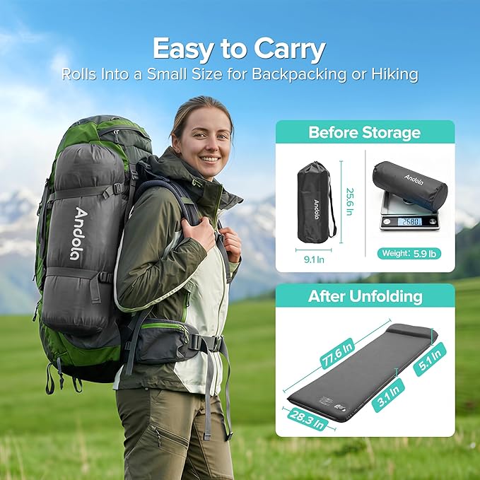Self-Inflating Sleeping Pad for Camping, 3.1" Ultra-Thick Outdoor Camping Mat with Pillow & 9.5 R-Value, Insulated All-Season Foam Camping Mattress for Camping Travel Tent Car