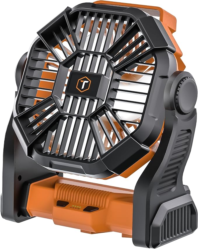 ToughTested Camping Fan with LED Light – 58H Runtime, 4-Speed Wind, 360° Rotation & Hook – Portable Tent Fan for Camping, BBQ, Travel, Beach, Outdoor & Indoor Use