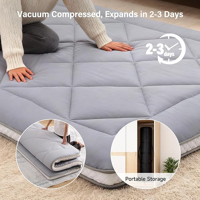 Welnow Japanese Futon Floor Mattress, Thick Twin Size Tatami Mat Portable & Foldable Roll Up Floor Bed Mattress with Storage Bag, Sleeping Pad for Adults, Dorm, Guest Bed, Camping and Travel, Grey