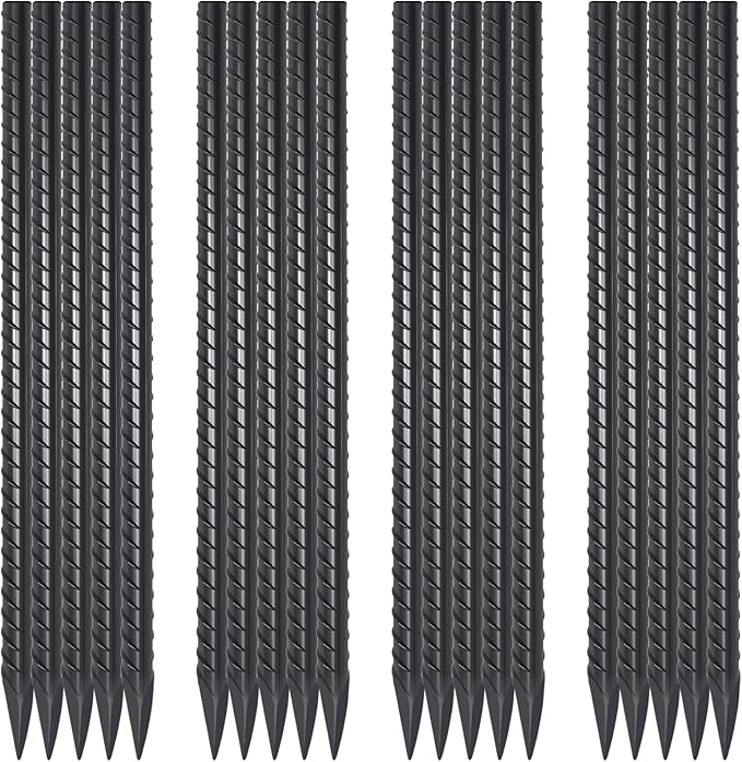 16 Inch Rebar Ground Stakes 20 Pack 3/8 Inch Diameter Straight Metal Stakes for Ground Heavy Duty with Chisel Point End Concrete Forming Spikes for Plant Support and Fence, Black