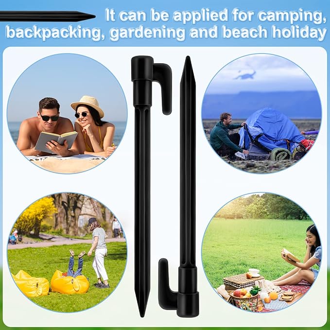 24 Pack Plastic Tent Stakes 5.7 Inch Heavy Duty Canopy Anchoring Pegs Plastic Tent Pegs Sand Stakes Outdoor Beach Spikes for Camping, Gardening, Landscaping, Backpacking(Black)