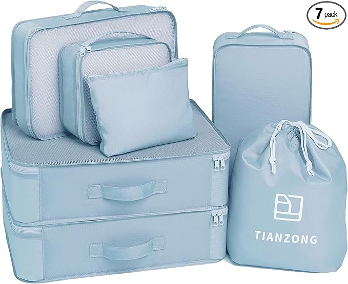 tianzong 7-piece Set Packing Cubes, Travel Bags for Luggage, Packing Organizers with Shoe Bag (Sky Blue)