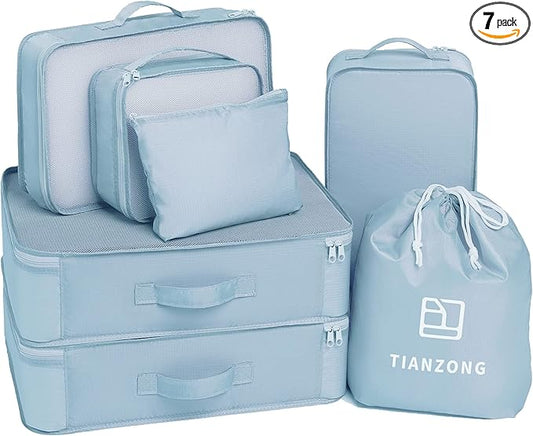 tianzong 7-piece Set Packing Cubes, Travel Bags for Luggage, Packing Organizers with Shoe Bag (Sky Blue)