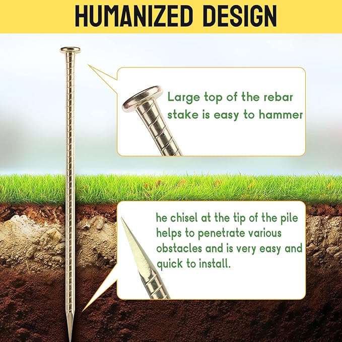 16 Inch Rebar Stakes - 1/2 Inch Diameter Galvanized Steel Ground Anchors - Heavy Duty Plant Support Garden Stake for Speed Bump, Wheel Stop, Tent (20 Pack)