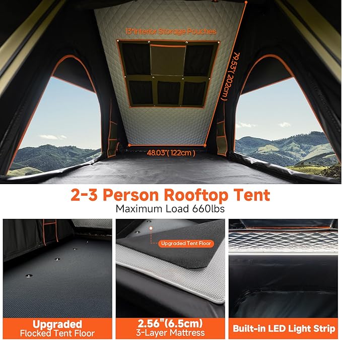 Adventurer Pro Rooftop Tent Hard Shell with USB Outlet, Side Awning, Replaceable Rain Fly&Luggage Racks for 4 Season Camping, Aluminum Pop Up 2-3 Person Roof Top Tent for Truck Jeep SUV Van Trailer