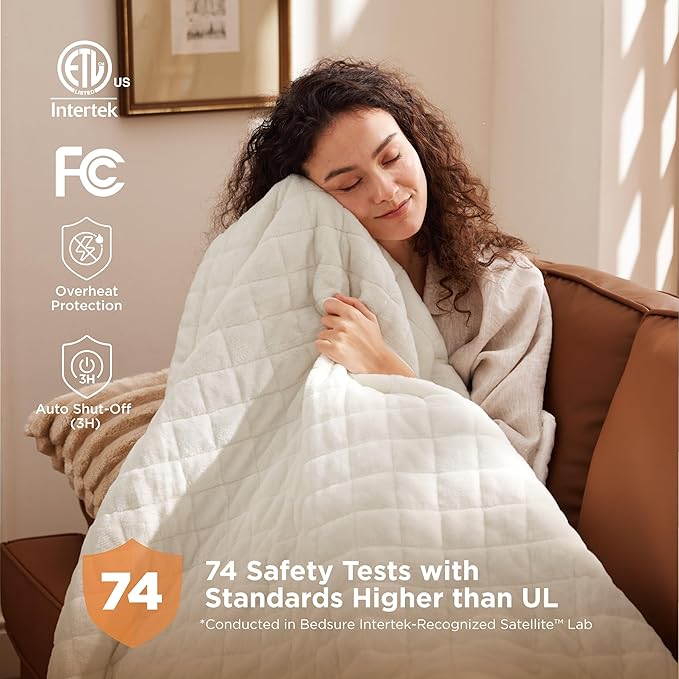 Bedsure Heated Blanket Throw Blanket - Quilted Electric Blanket, Soft Flannel Thick Heating Blanket with 4 Time Settings & 6 Heating Settings, Warm Gifts for Women Men (50x60 inches, Ivory)