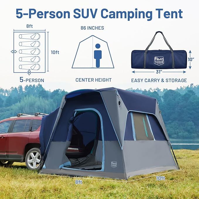 TIMBER RIDGE 5 Person SUV Tent Weather Resistant Portable for Car SUV Van Camping, Includes Rainfly and Storage Bag, 10' W X 8' L X 7.1' H