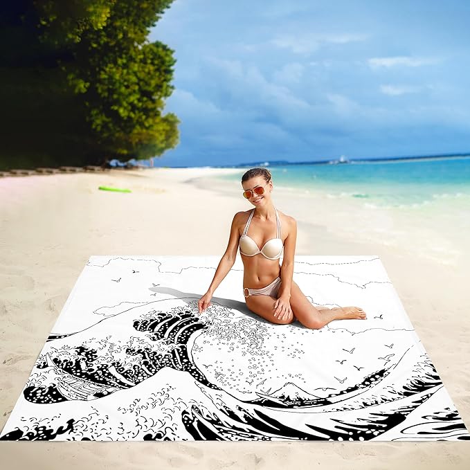 Beach Blanket, Large Sandproof & Waterproof Picnic Blankets, Quick Drying Sand Free Lightweight Beach Mat with 4 Stakes & Pockets for Outdoor Travel Camping Hiking Vacation Essentials - The Great Wave