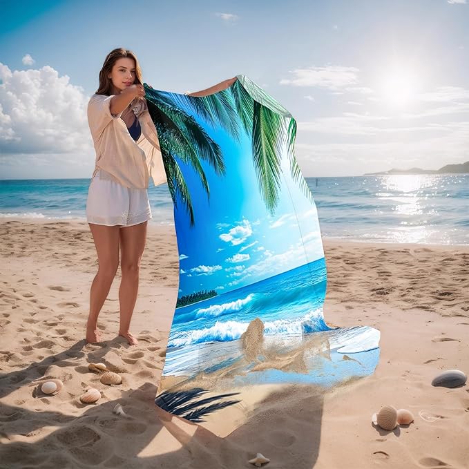 Beach Blanket Waterproof Sandproof, Palm Tree Oversized Extra Large Picnic Mat 83"×95"/8 × 7 FT for 1-7 Adults for Travel Camping Hiking, Quick Drying Lightweight Outdoor Beach Vacation Essentials