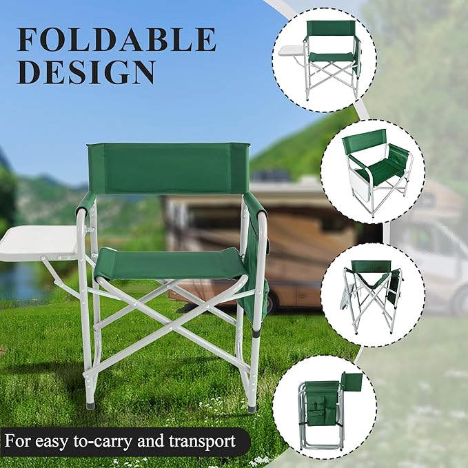 Camping Chair with Side Table & Storage Pockets - Portable Directors Chair Foldable for Outdoor Camping, Lawn, Beach, Fishing, Picnic, Trip (2 Pack) (Green)