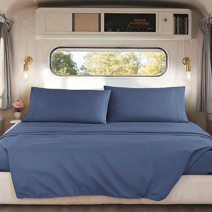 Hearth & Harbor Short Queen Sheets for RV, Navy Blue RV Queen Sheets, Silky Soft 1800 Microfiber Bed Sheet for Camper, 4 Piece RV Bedding with Pillowcases