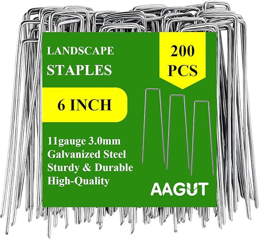 AAGUT Garden Stakes Pins, Landscape Staples 200 Pack 6 Inch 11-Gauge Galvanized Lawn Stake for Dog Fence, Weed Barrier Fabric, Ground Cover, Irrigation Tubing Soaker Hose, Chicken Wire