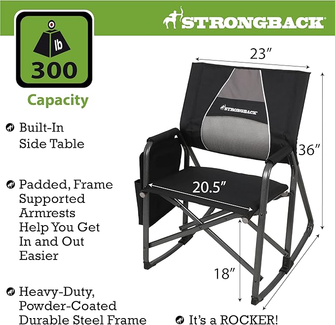 STRONGBACK Outdoor Chair Director Portable Camping Chair with Lumbar Support - Cupholder &Pocket Included - Heavy-Duty Foldable Chair - Rocker/Black