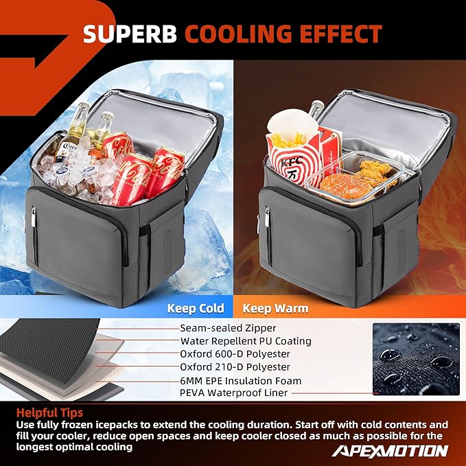 COOLJOB Insulated Cooler Backpack for Men Women, Leakproof Lunch Bag with Waterproof Liner, Double Roomy Deck, RFID, Gray