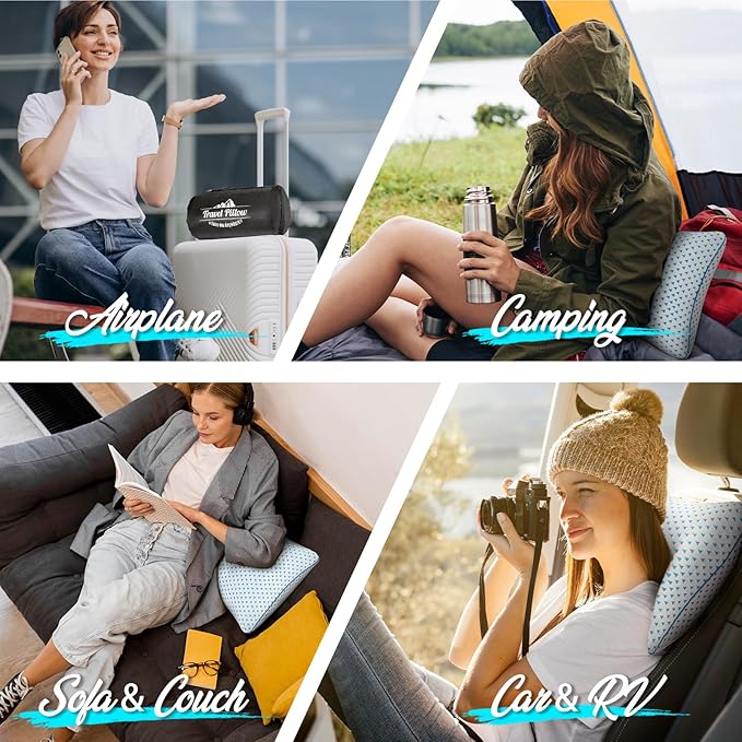 Small Cooling Memory Foam Travel Pillows for Airplanes, Compressible Camping Pillow, Adjustable Shredded Foam Bed Pillow for Medium Firm Neck Knee Lumbar Support, Ideal Sleeping,Car,Backpacking