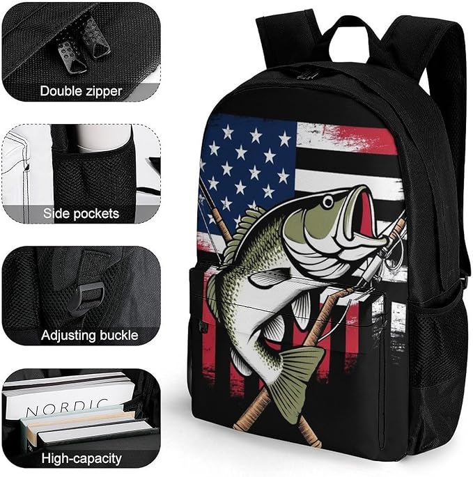 Men Women Polyester Vintage Bass Fishing Lure American Flag Daypack Big Capacity Shoulder Bag With Smooth Zippers for Hiking Work Walking Cycling