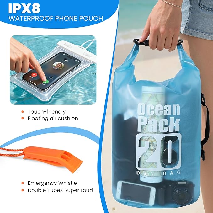 Dry Bag Waterproof, Roll Top Small Waterproof Backpack 20L, Floating Lightweight Bag with Water Proof Phone Pouch for Kayaking, Paddle Boarding, Boating, Fishing, Swimming