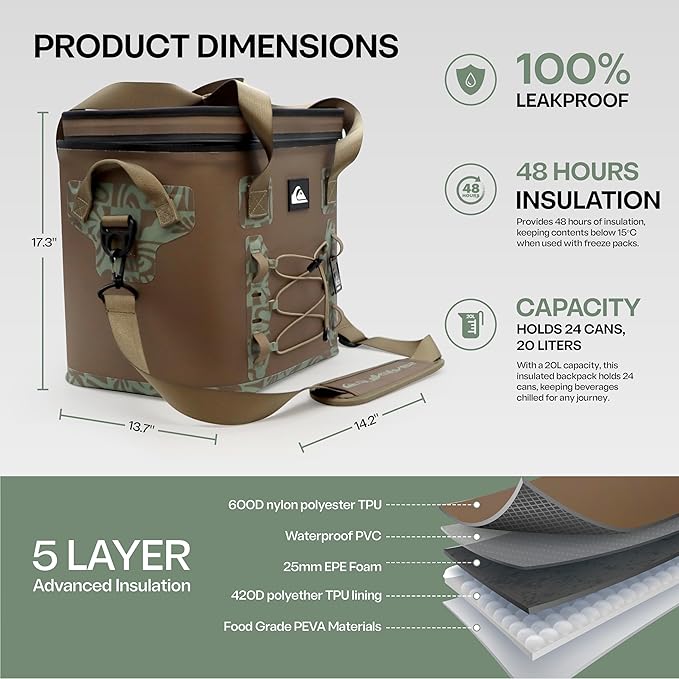 Quiksilver Welded Bungee Backpack Cooler, 30L/36 Cans, 48-72 Hours Insulation, Leakproof & Waterproof IPX7 Rated, Heavy-Duty 600D TPU, Adjustable Straps