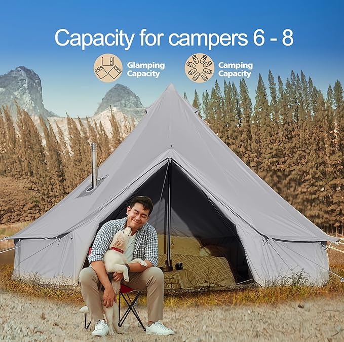 Cotton Canvas Bell Tent, Waterproof Large Tents with Sturdy Center & Door Pole and Space for 4/6/8 Person All 4 Season Camping Yurt Tent