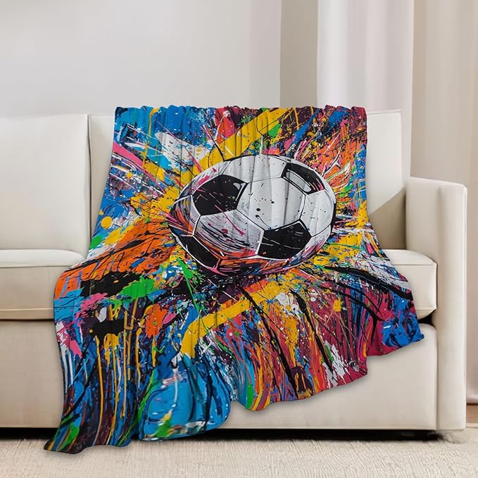 Graffiti Soccer Blanket Banksy Sport Throw Blankets Gifts for Girls Boys Kids Soccer Lover Soft Cozy Fleece Plush for Couch Sofa Bed 60"x50"