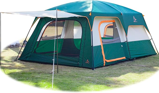 KTT Extra Large Tent 6-10-12-14 Person(Style-B),Family Cabin Tents,2 Rooms,3 Doors and 3 Windows with Mesh,Straight Wall,Waterproof,Double Layer,Big Tent for Outdoor,Picnic,Camping,Family Gathering