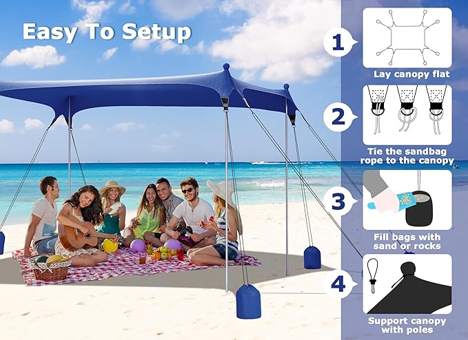 Gorich Beach Tent Sun Shelter with 8 Sandbags, UPF50+ Protection & Windproof Pop Up Beach Canopy Tent Sun Shade for Family, Travel & Camping, Easy Setup Canopy Umbrella