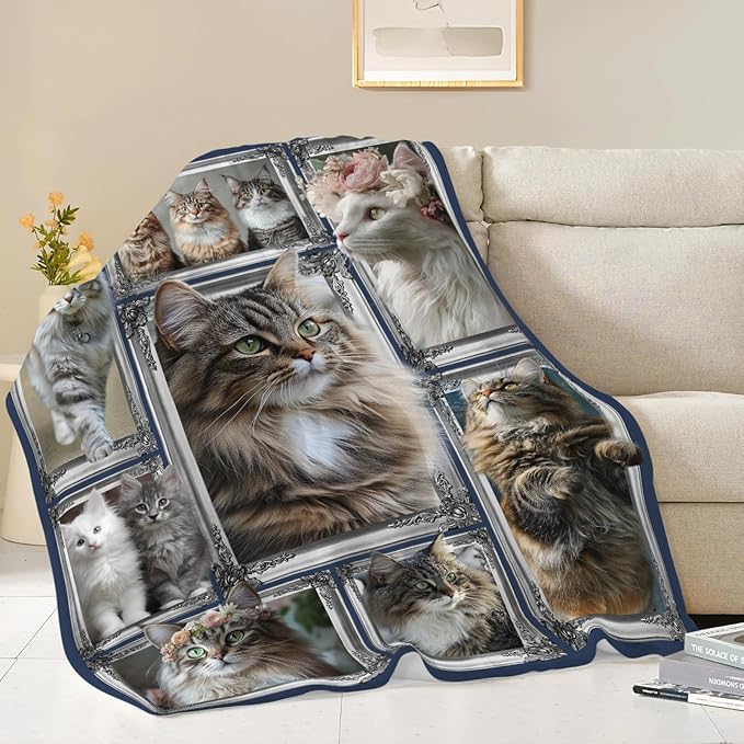 Maine Coon Cat Blanket Cute Kitten Throw Blankets Gifts for Girls Boys Kids Cat Lover Soft Cozy Fleece Plush for Couch Sofa Bed 50"x40"