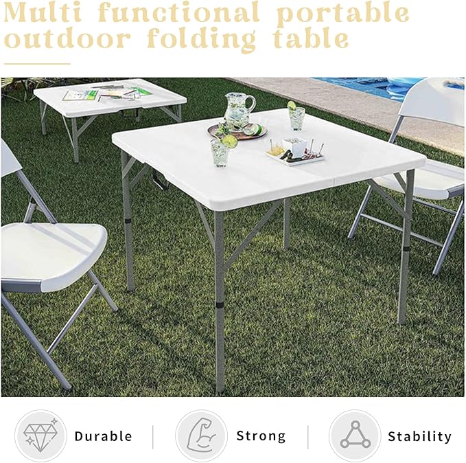 34" Square Folding Table,Multi-Functional Portable Folding Card Table with Carrying Handle for Indoor Outdoor Camping,Picnic, Office, Party Use, HDPE Plastic Tabletop with Metal Frame(White)